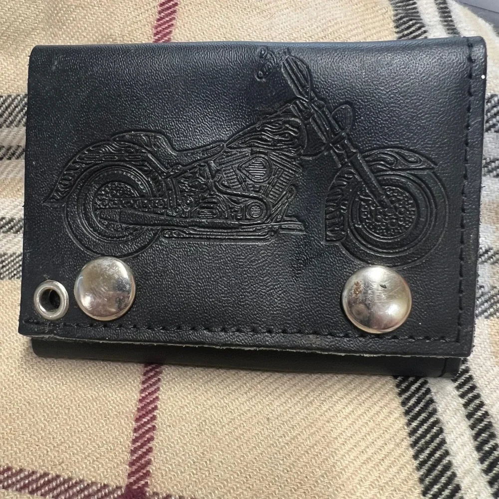 Mens Black Leather Biker Wallet Motorcycle Embossed Tri Fold Snap‎ Closure USA
